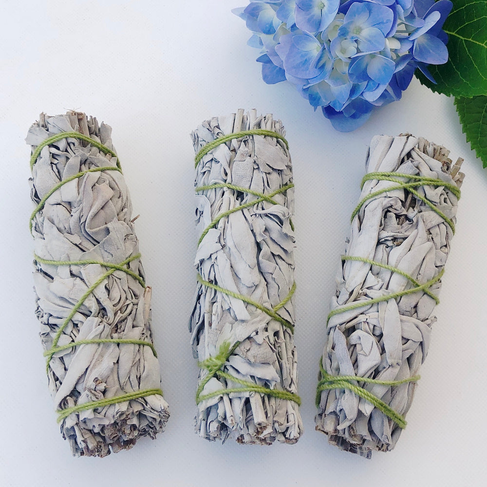 3 White Sage Wands with Hydrangea
