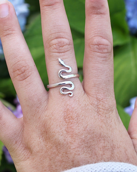 Adjustable Sterling Silver Serpent Ring on middle left finger 