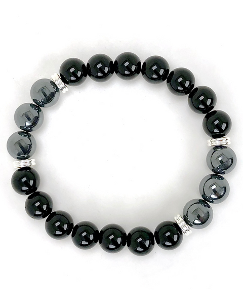 Men's Black Agate and Hematite 10mm Beaded Gemstone Bracelet