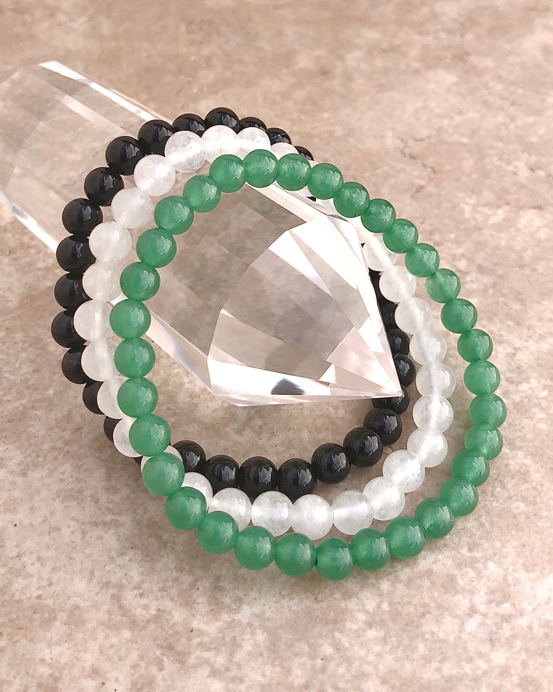 Abundance 6mm Beaded Gemstone Bracelet Set with Aventurine, Snow Quartz and Black Agate Gemstone Bracelets.