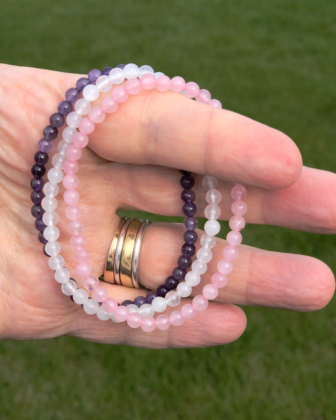 Amethyst, Quartz and Rose Quartz 4mm Beaded Bracelet in a and