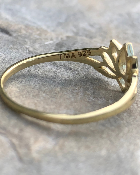 gold vermeil lotus ring on stone back view with 925 stamp