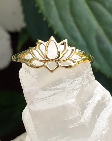 gold vermeil lotus ring on selenite