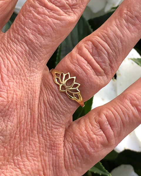 gold vermeil lotus ring on right ring finger