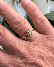 gold vermeil lotus ring on right ring finger