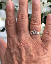 Sterling Silver Lotus Ring on right ring finger with white flowers in background