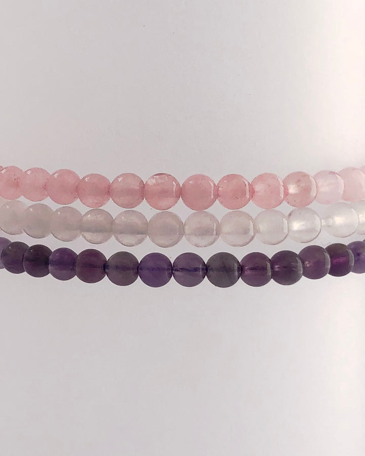 Peace and Compassion 4mm Beaded Bracelet Set with Rose Quartz, Snow Quartz and Amethyst Crystal Bracelets
