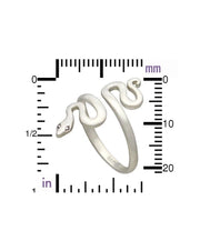 Adjustable Sterling Silver Serpent Ring  with white background and measurements