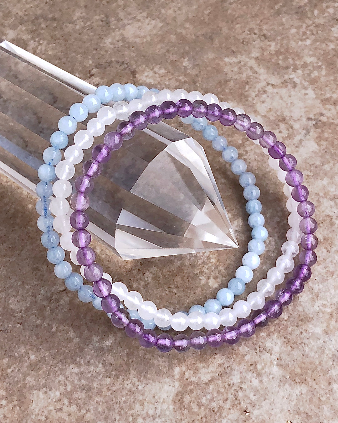 Serenity and Wellness 4mm Beaded Gemstone Bracelet Set with Lavender Amethyst, Snow Quartz and Aquamarine crystal Bracelets.