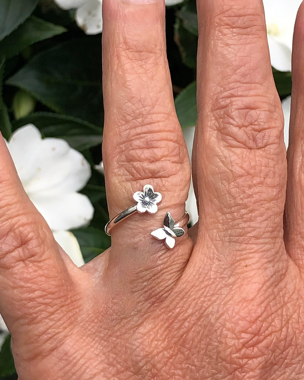 Sterling Silver Adjustable Butterfly and Flower Ring