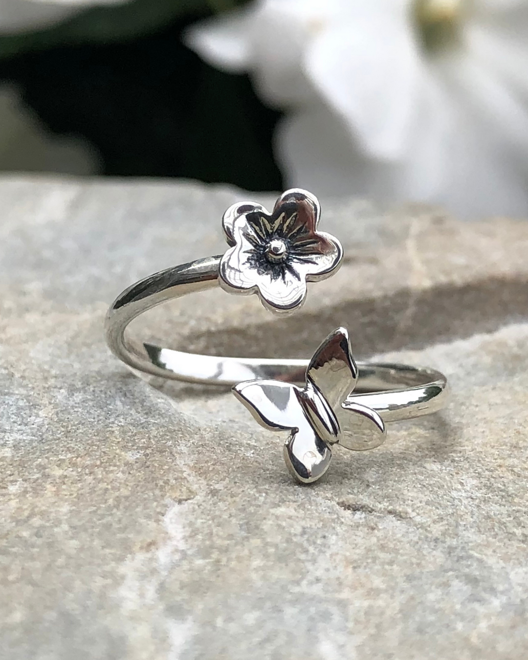 Sterling Silver Butterfly and Flower Ring