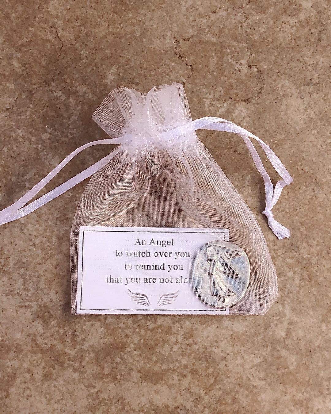 pewter pocket angel in white organza pouch with an angel to watch over you card