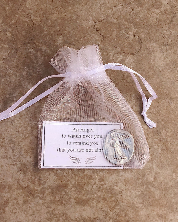 pewter pocket angel in white organza pouch with an angel to watch over you card