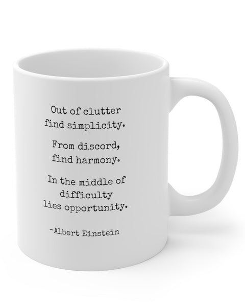 Albert Einstein's Simplicity, Harmony and Opportunity Quote Mug