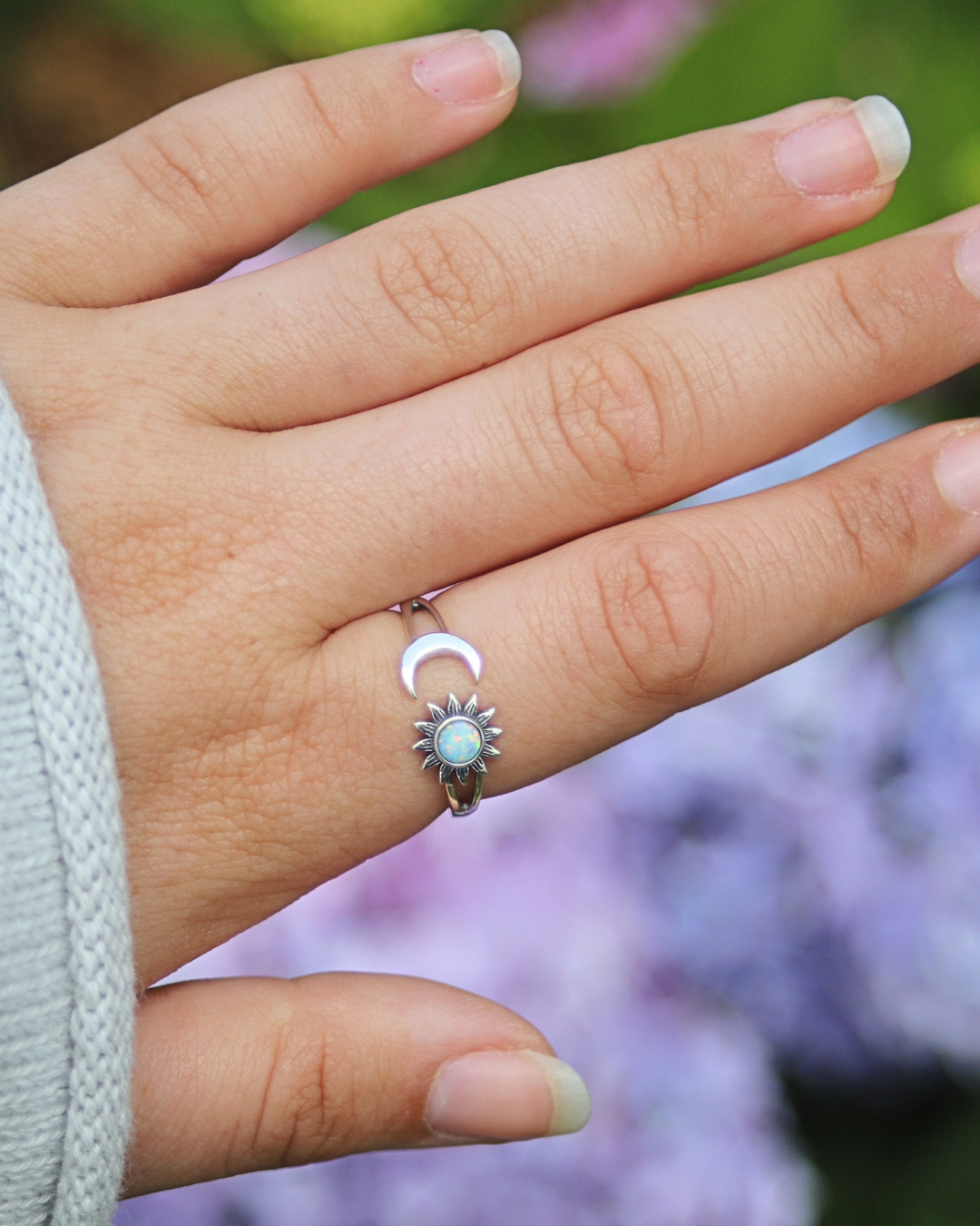 Sterling Silver Sun and Moon White Lab Opal Ring