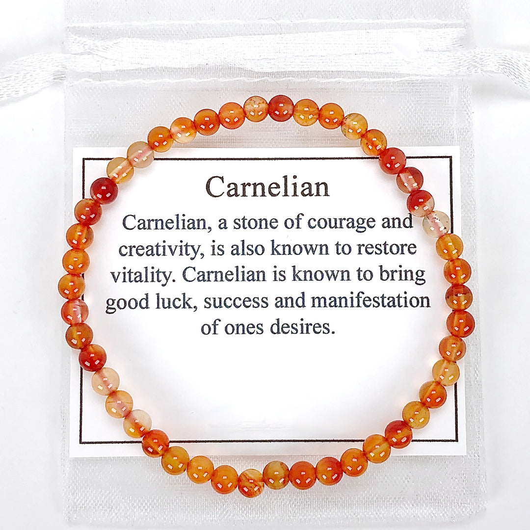 Carnelian 4mm Gemstone Bracelet with description card.