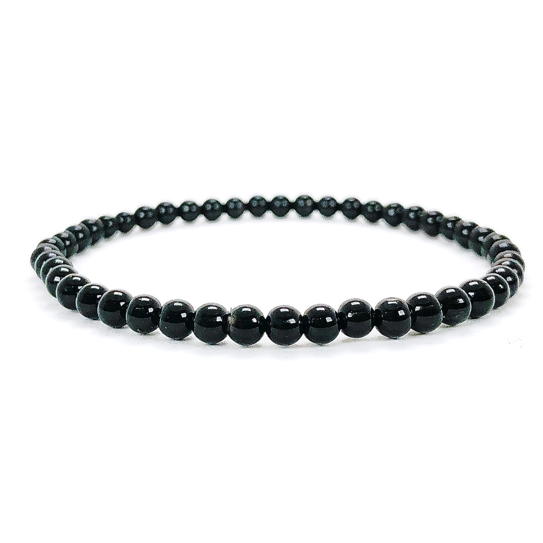 Black Agate 4mm Beaded Gemstone Bracelet  with white background.