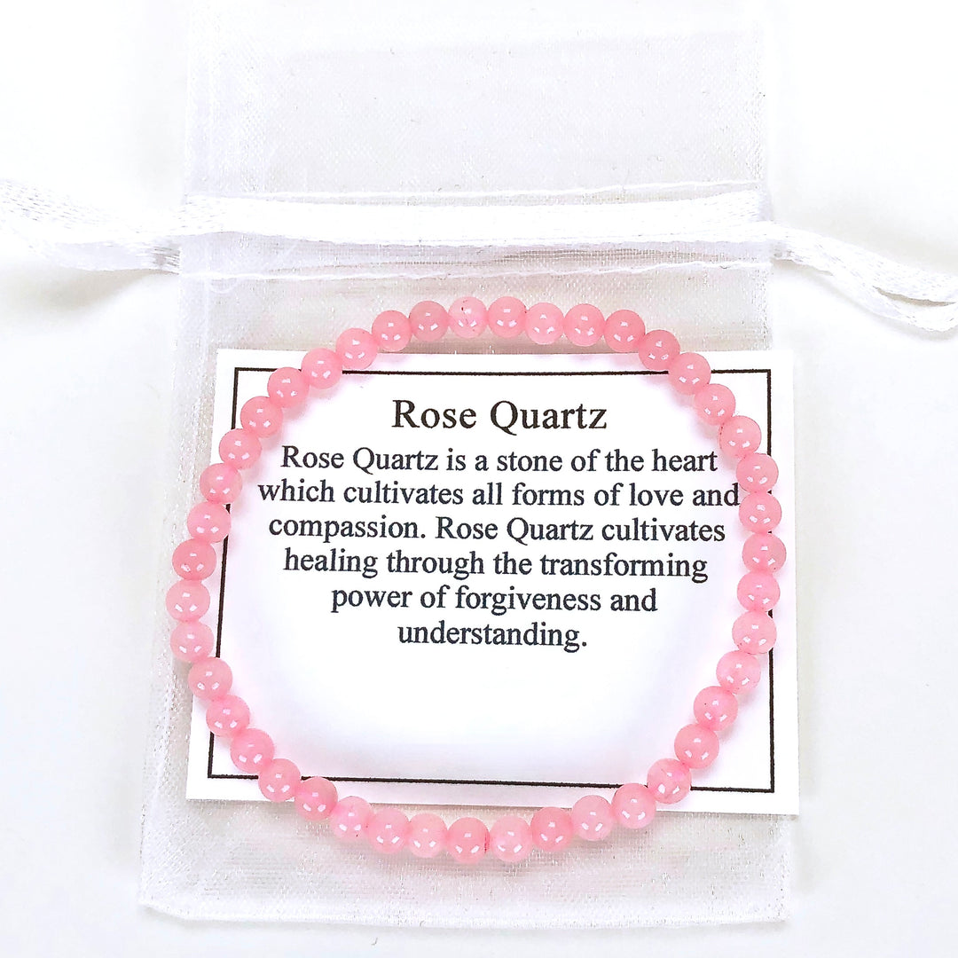 Rose Quartz 4mm Beaded Gemstone Bracelet with a description card