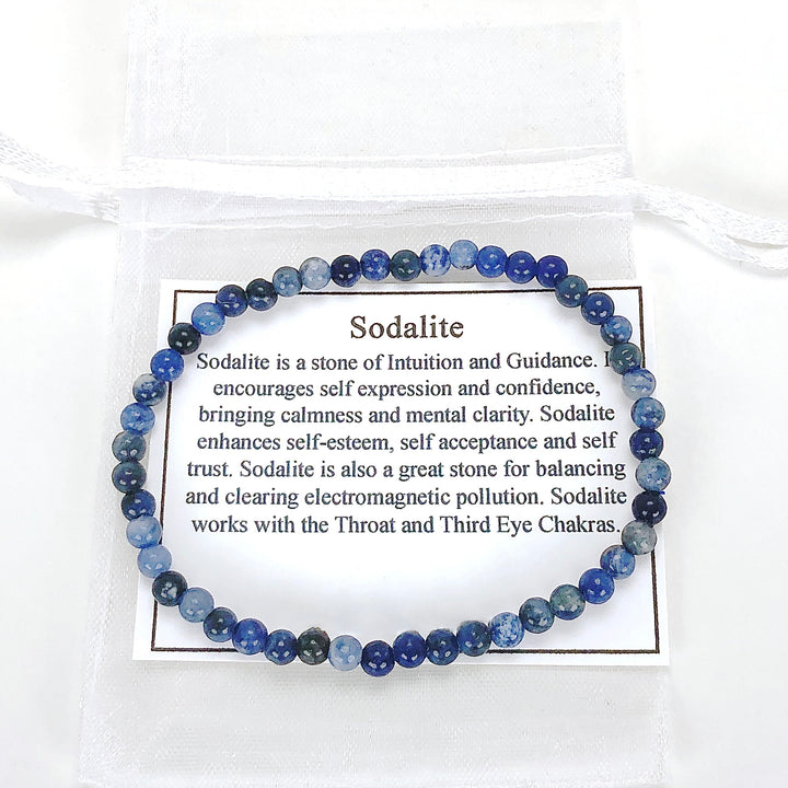 Sodalite 4mm Beaded Gemstone Bracelet with a description card