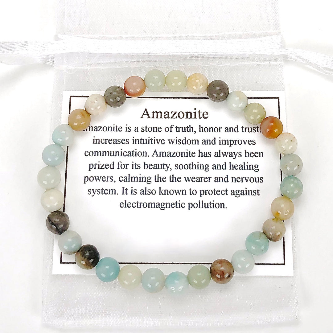 Multi Amazonite 6mm Beaded Gemstone Bracelet with a description card.