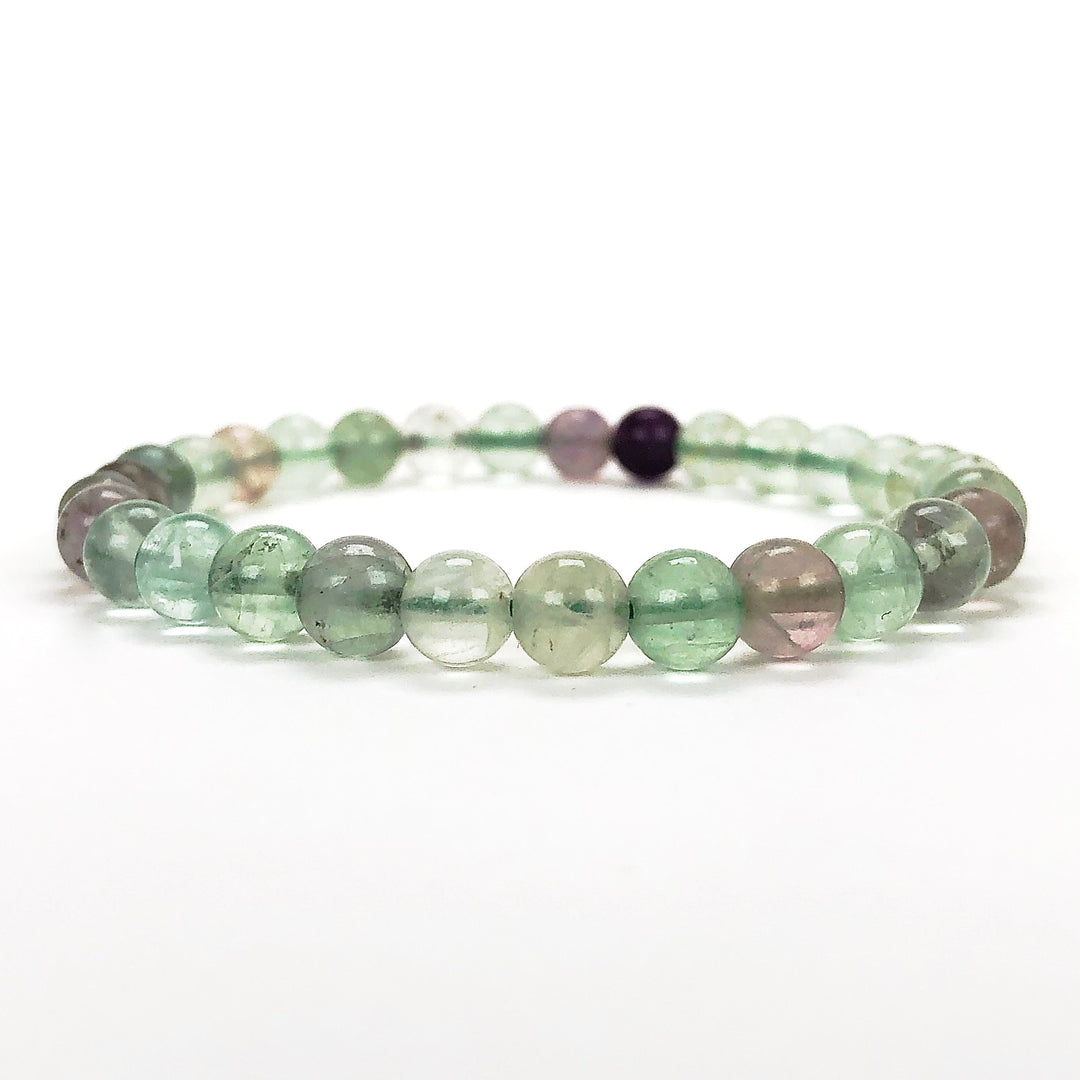 Fluorite 6mm Beaded Gemstone Bracelet on a white background.