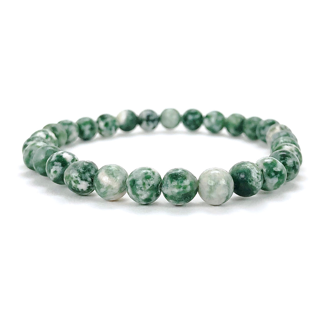 Natural Green Jade 6mm Beaded Gemstone Bracelet on a white background.