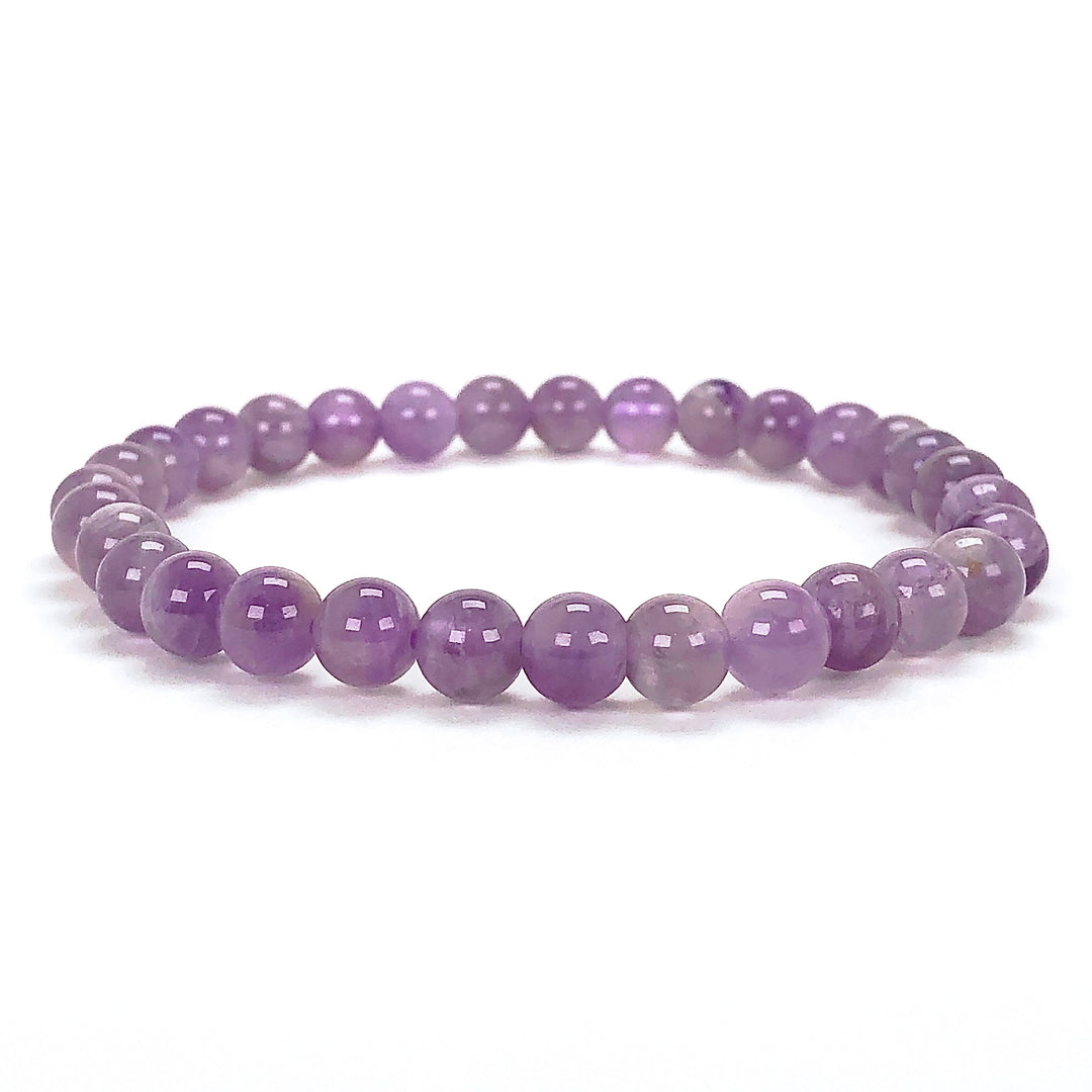 Lavender Amethyst 6mm Beaded Gemstone Bracelet on a white background.