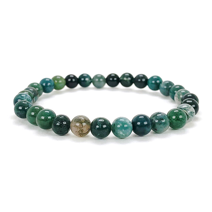 Moss Agate 6mm Beaded Gemstone Bracelet on a white background.