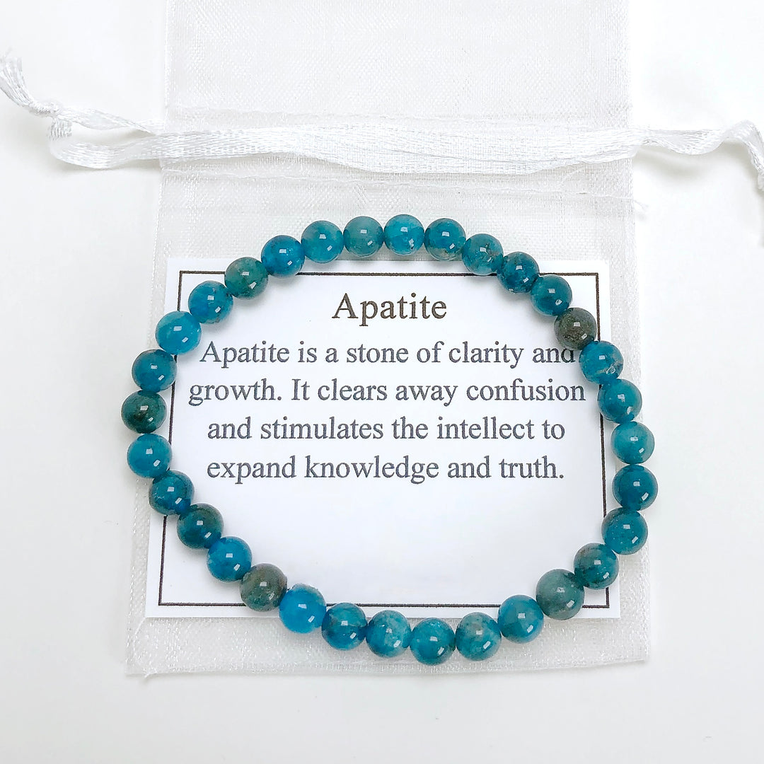 Apatite 6mm Beaded Gemstone Bracelet with a description card