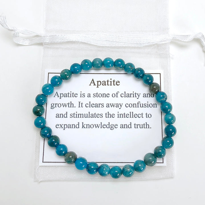 Apatite 6mm Beaded Gemstone Bracelet with a description card