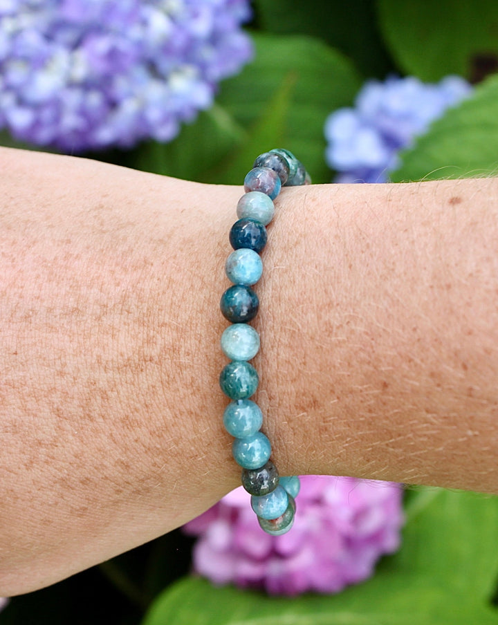 Apatite 6mm Beaded Gemstone Bracelet on a wrist