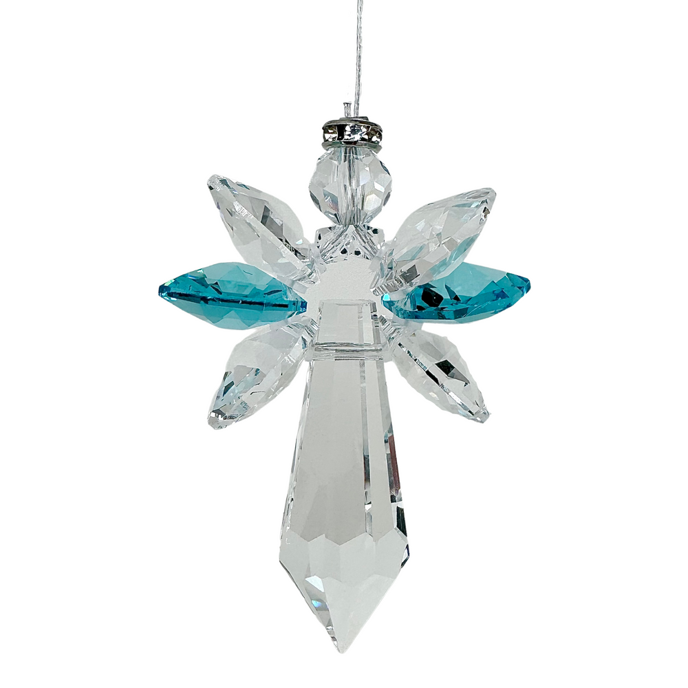 Crystal  Aquamarine Angel Sun Catcher with white background