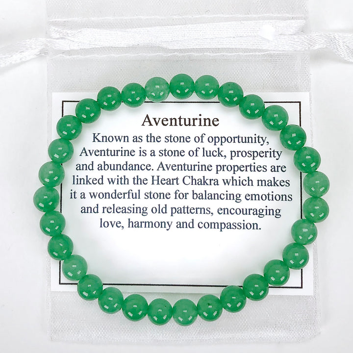 Aventurine 6mm Beaded Gemstone Bracelet with a description card.