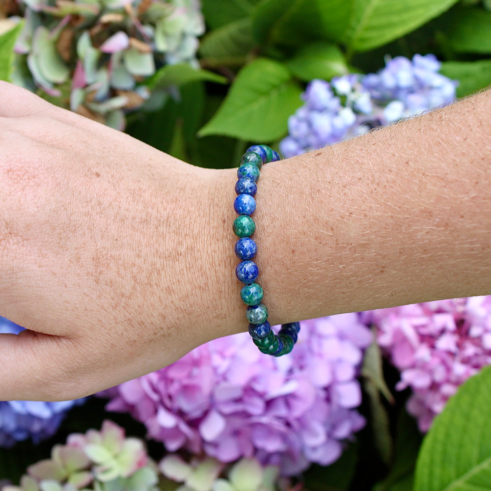 Azurite 6mm Beaded Gemstone Bracelet on a wrist.