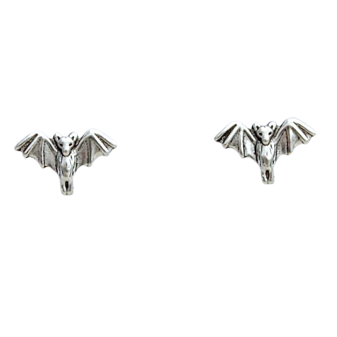 Tiny Bat Sterling Silver Earrings on a white background.