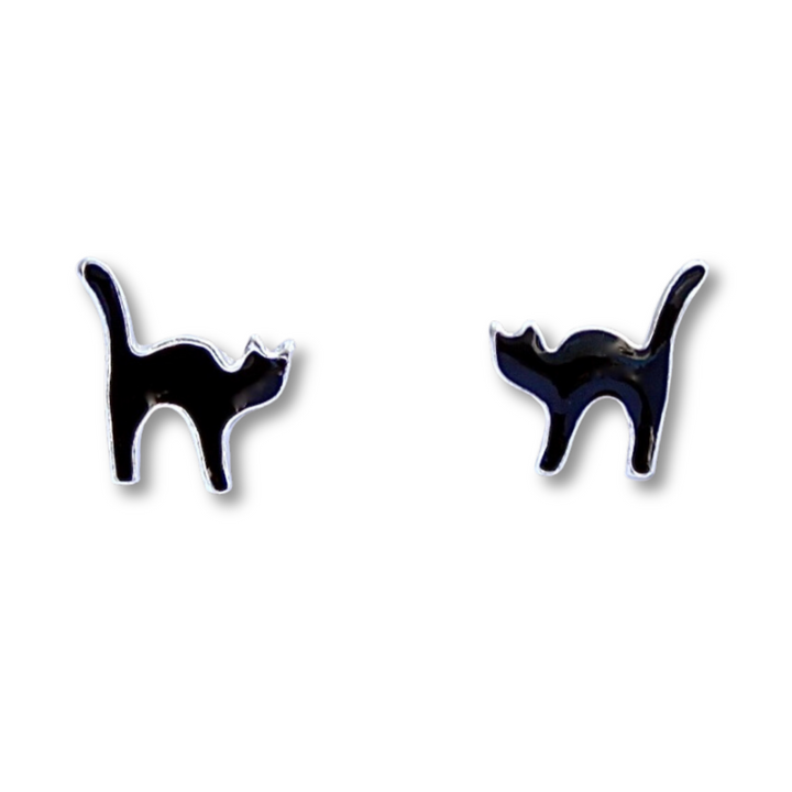 Black Cat Sterling Silver Stud Earrings on a white background.