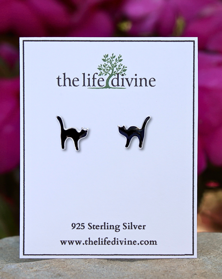 Black Cat Sterling Silver Stud Earrings on a card.