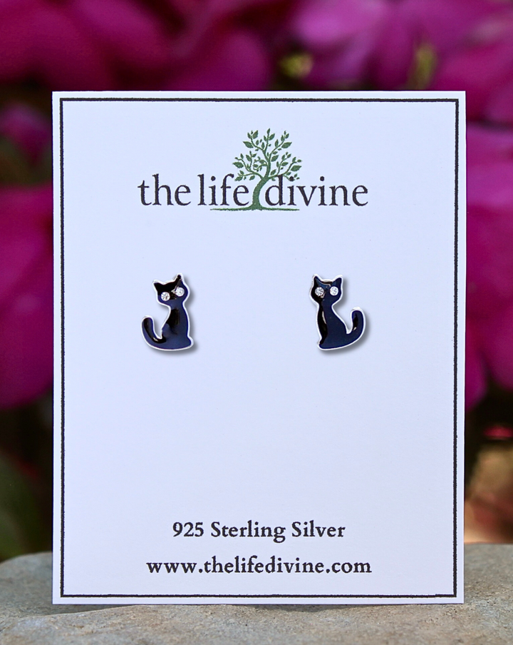 Black Cat with CZ Eyes Sterling Silver Stud Earrings on a card.