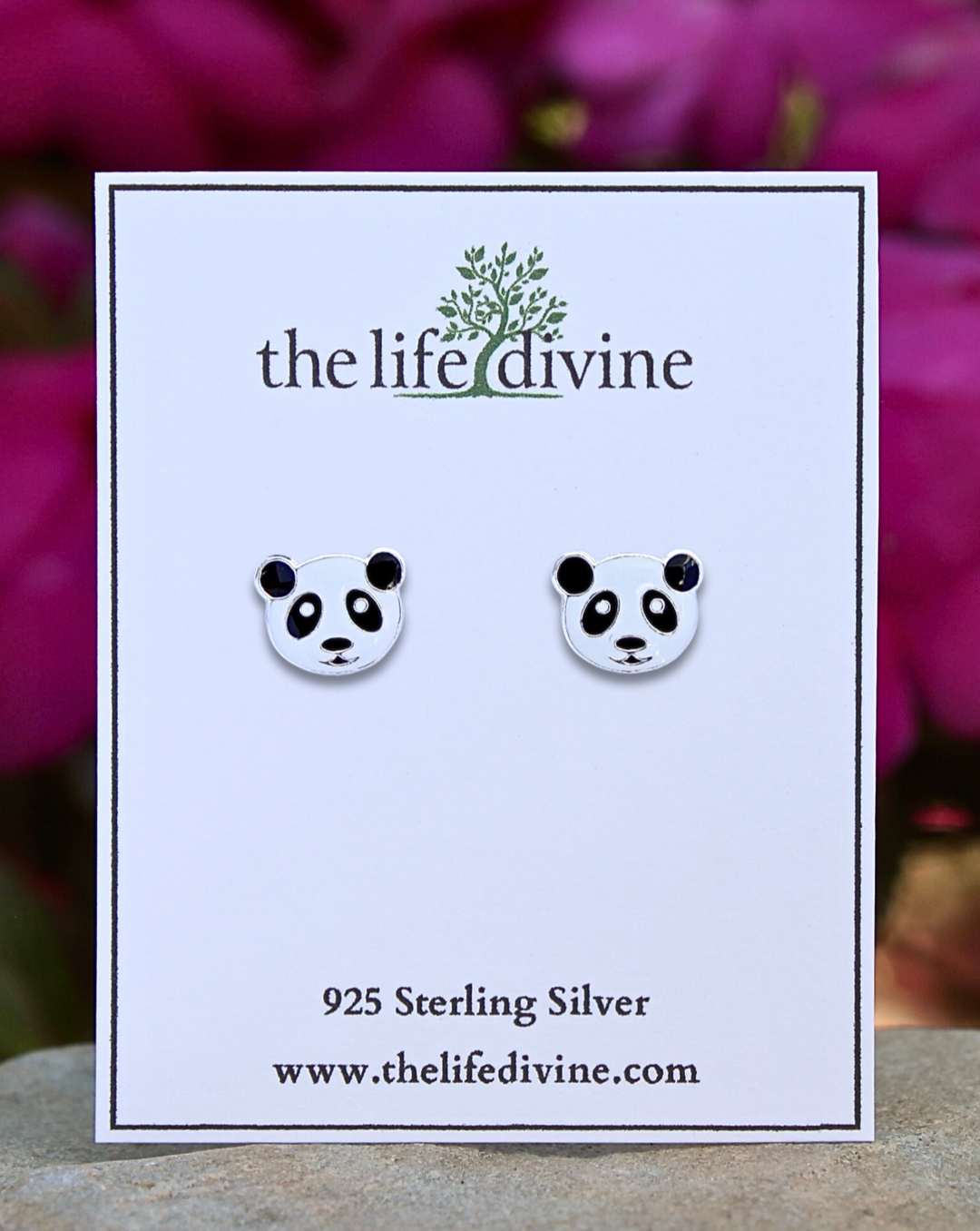 Black and White Panda Sterling Silver Stud Earrings on a card