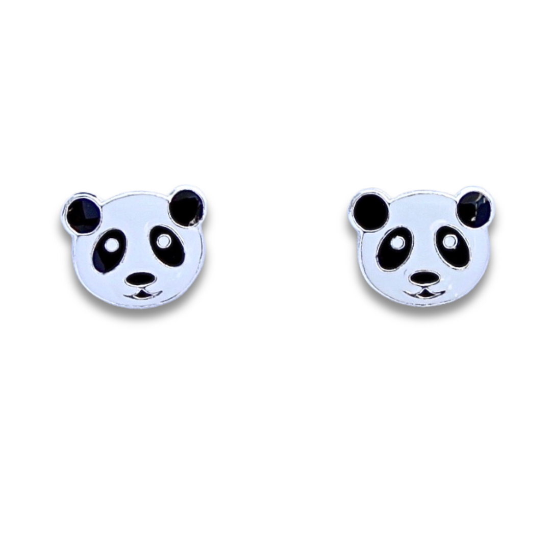 Black and White Panda Sterling Silver Stud Earrings on a white background.