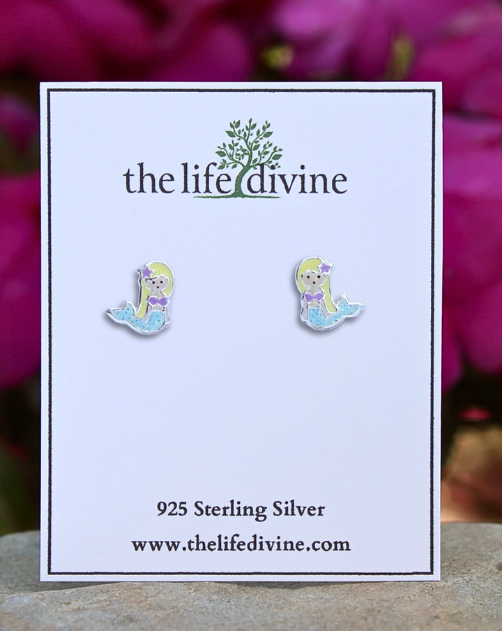 Blonde Mermaid Sterling Silver Earrings on a cad.