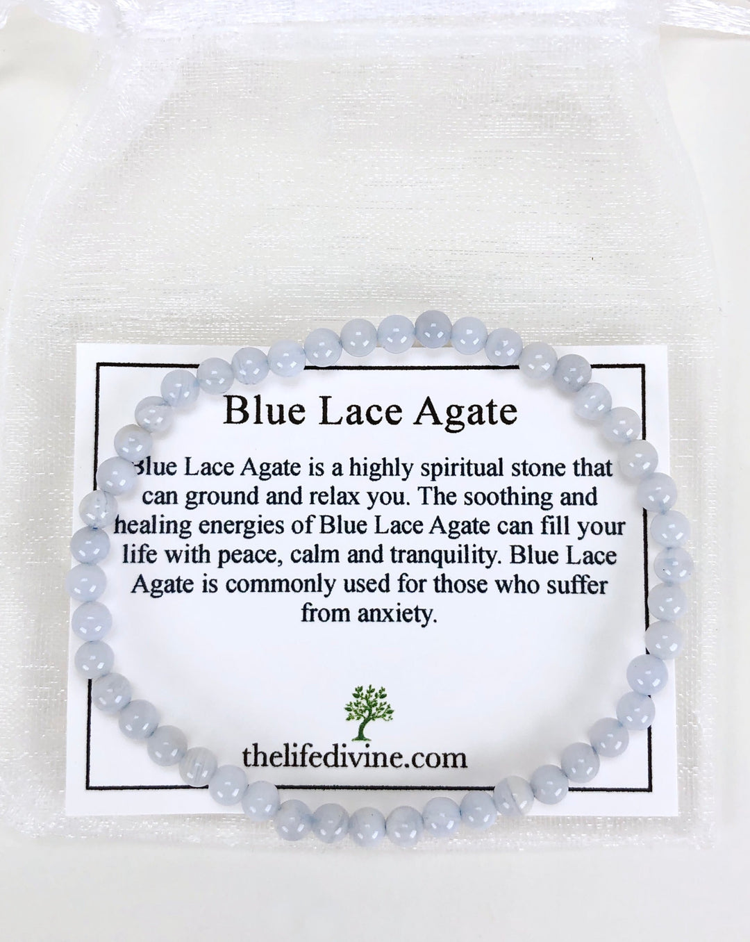 Blue Lace Agate 4mm Gemstone Bracelet with description card.