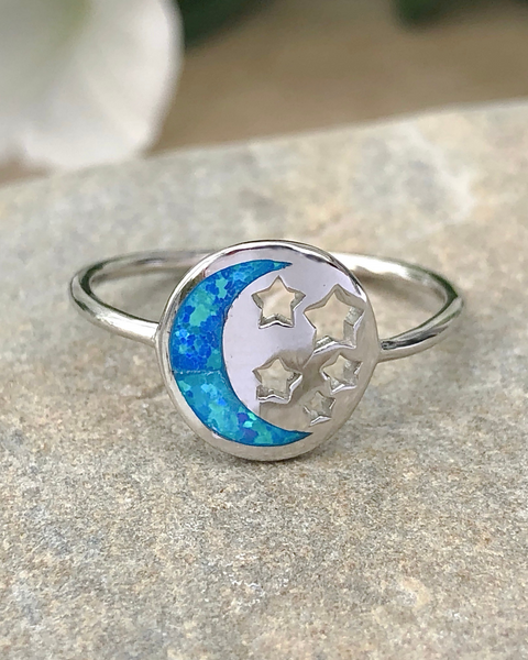 Sterling Silver Moon and Stars Blue Lab Opal Ring