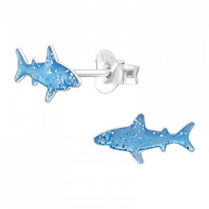 Blue Shark Sterling Silver Stud Earrings on a white background.