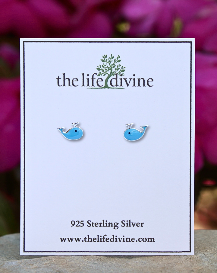 Blue Whale Sterling Silver Stud Earrings on a card.