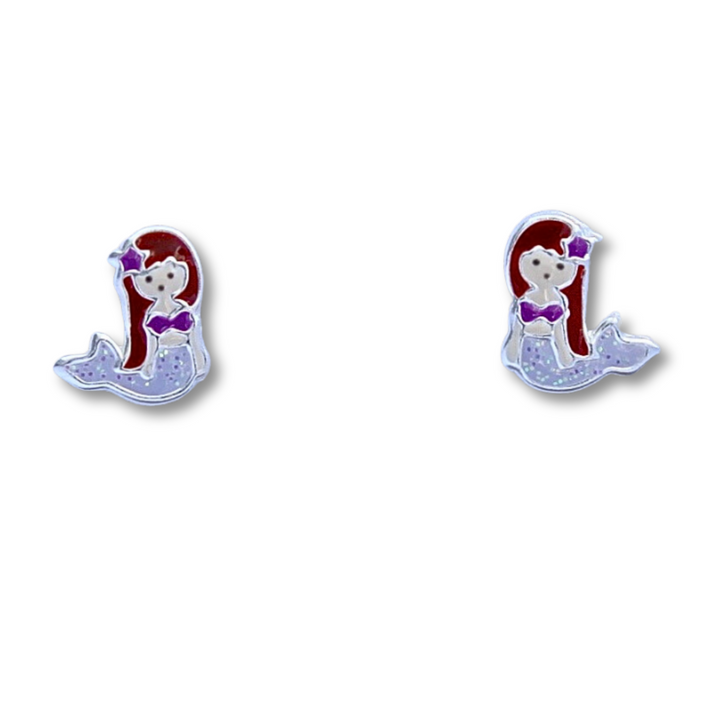 Brunette Mermaid Sterling Silver Earrings on a white background.