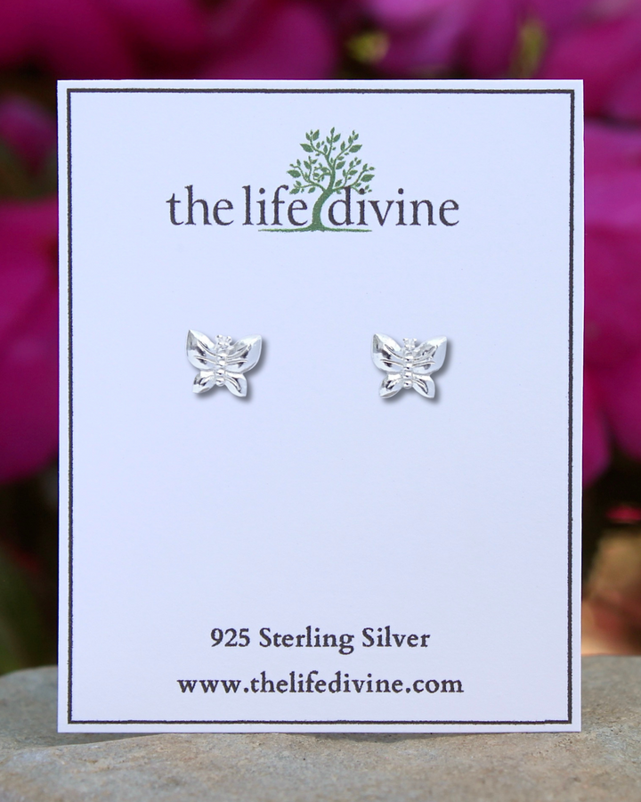 Butterfly Sterling Silver Stud Earrings on a card.