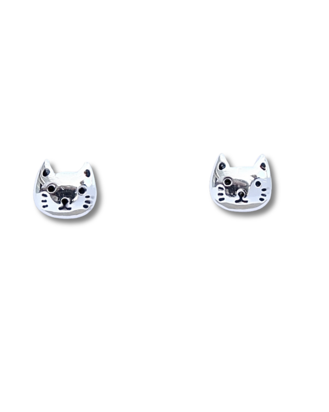 Cat Face Sterling Silver Stud Earrings on a white background.