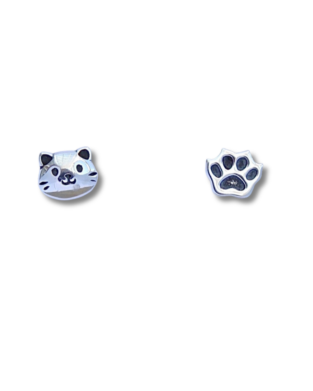 Cat Face and Paw Print Sterling Silver Stud Earrings on a white background.