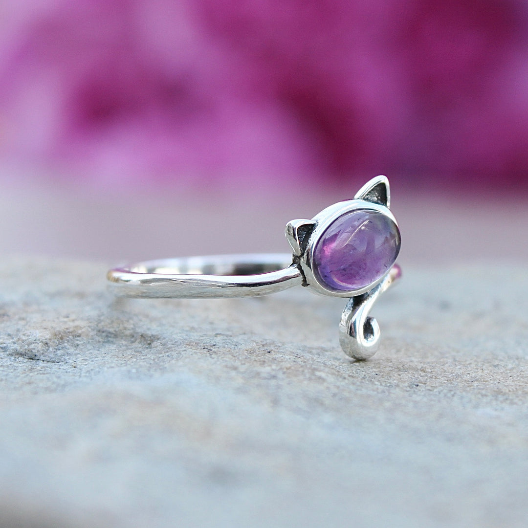 Amethyst Sterling Silver Cat Ring left side